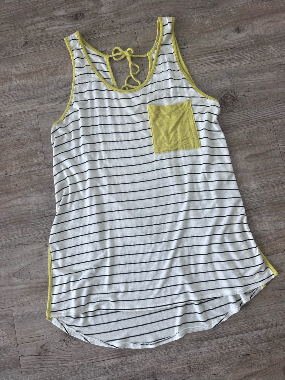Striped White and Greenish Yellow Pocket Tank Top - Women's Casual Summer Top